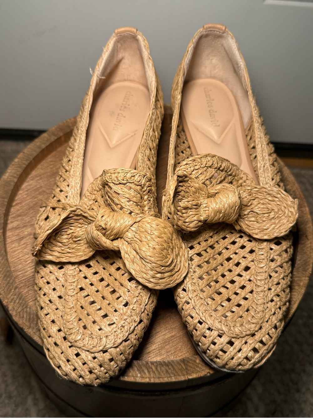 Charles David Finite Woven Raffia Bow Loafers in Tan